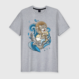 Мужская футболка хлопок Slim с принтом кот рыбак в Кировске, 92% хлопок, 8% лайкра | приталенный силуэт, круглый вырез ворота, длина до линии бедра, короткий рукав | 