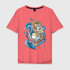 Мужская футболка хлопок Oversize с принтом кот рыбак в Кировске, 100% хлопок | свободный крой, круглый ворот, “спинка” длиннее передней части | Тематика изображения на принте: 
