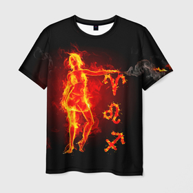 Мужская футболка 3D с принтом Огненные знаки зодиака : овен, лев, стрелец в Белгороде, 100% полиэфир | прямой крой, круглый вырез горловины, длина до линии бедер | 