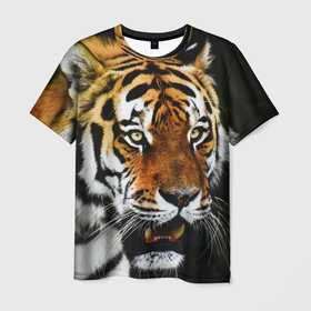 Мужская футболка 3D с принтом Боевой тигр в Курске, 100% полиэфир | прямой крой, круглый вырез горловины, длина до линии бедер | 