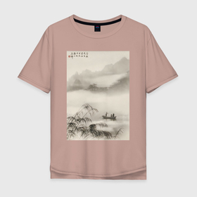 Мужская футболка хлопок Oversize с принтом Туманная река в Китае от фотографа Лонг Чинсана в Санкт-Петербурге, 100% хлопок | свободный крой, круглый ворот, “спинка” длиннее передней части | Тематика изображения на принте: 