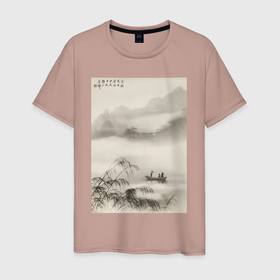 Мужская футболка хлопок с принтом Туманная река в Китае от фотографа Лонг Чинсана в Санкт-Петербурге, 100% хлопок | прямой крой, круглый вырез горловины, длина до линии бедер, слегка спущенное плечо. | 
