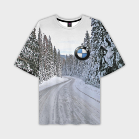 Мужская футболка OVERSIZE 3D с принтом BMW   зимняя дорога через лес в Курске,  |  | 