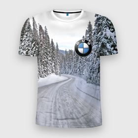 Мужская футболка 3D Slim с принтом BMW   зимняя дорога через лес в Новосибирске, 100% полиэстер с улучшенными характеристиками | приталенный силуэт, круглая горловина, широкие плечи, сужается к линии бедра | Тематика изображения на принте: 