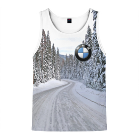 Мужская майка 3D с принтом BMW   зимняя дорога через лес в Новосибирске, 100% полиэстер | круглая горловина, приталенный силуэт, длина до линии бедра. Пройма и горловина окантованы тонкой бейкой | Тематика изображения на принте: 