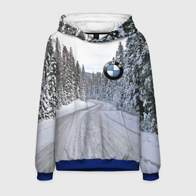Мужская толстовка 3D с принтом BMW   зимняя дорога через лес в Екатеринбурге, 100% полиэстер | двухслойный капюшон со шнурком для регулировки, мягкие манжеты на рукавах и по низу толстовки, спереди карман-кенгуру с мягким внутренним слоем. | 