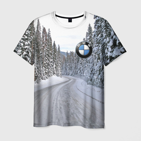 Мужская футболка 3D с принтом BMW   зимняя дорога через лес в Курске, 100% полиэфир | прямой крой, круглый вырез горловины, длина до линии бедер | 