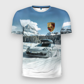 Мужская футболка 3D Slim с принтом Porsche on a mountain winter road в Петрозаводске, 100% полиэстер с улучшенными характеристиками | приталенный силуэт, круглая горловина, широкие плечи, сужается к линии бедра | Тематика изображения на принте: 