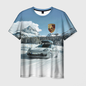 Мужская футболка 3D с принтом Porsche on a mountain winter road в Петрозаводске, 100% полиэфир | прямой крой, круглый вырез горловины, длина до линии бедер | 