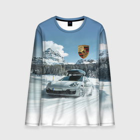 Мужской лонгслив 3D с принтом Porsche on a mountain winter road в Петрозаводске, 100% полиэстер | длинные рукава, круглый вырез горловины, полуприлегающий силуэт | Тематика изображения на принте: 