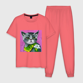 Мужская пижама хлопок с принтом Зеленоглазое котэ виртуального мира в Екатеринбурге, 100% хлопок | брюки и футболка прямого кроя, без карманов, на брюках мягкая резинка на поясе и по низу штанин
 | 