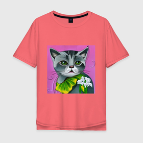 Мужская футболка хлопок Oversize с принтом Зеленоглазое котэ виртуального мира , 100% хлопок | свободный крой, круглый ворот, “спинка” длиннее передней части | Тематика изображения на принте: 