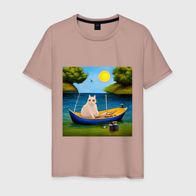 Мужская футболка хлопок с принтом Кот рыбак в Курске, 100% хлопок | прямой крой, круглый вырез горловины, длина до линии бедер, слегка спущенное плечо. | 