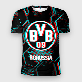 Мужская футболка 3D Slim с принтом Borussia FC в стиле glitch на темном фоне в Санкт-Петербурге, 100% полиэстер с улучшенными характеристиками | приталенный силуэт, круглая горловина, широкие плечи, сужается к линии бедра | 