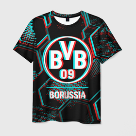 Мужская футболка 3D с принтом Borussia FC в стиле glitch на темном фоне , 100% полиэфир | прямой крой, круглый вырез горловины, длина до линии бедер | 