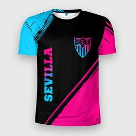Мужская футболка 3D Slim с принтом Sevilla   neon gradient: надпись, символ в Петрозаводске, 100% полиэстер с улучшенными характеристиками | приталенный силуэт, круглая горловина, широкие плечи, сужается к линии бедра | 