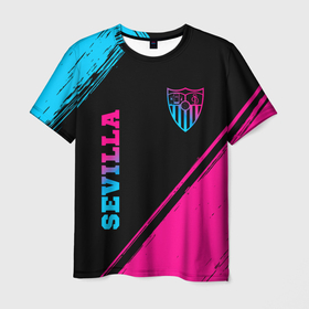Мужская футболка 3D с принтом Sevilla   neon gradient: надпись, символ в Курске, 100% полиэфир | прямой крой, круглый вырез горловины, длина до линии бедер | 