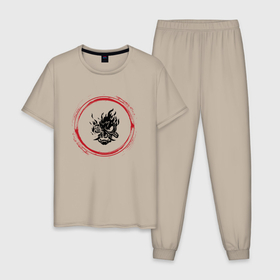 Мужская пижама хлопок с принтом Символ Cyberpunk 2077 и красная краска вокруг в Курске, 100% хлопок | брюки и футболка прямого кроя, без карманов, на брюках мягкая резинка на поясе и по низу штанин
 | Тематика изображения на принте: 
