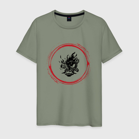 Мужская футболка хлопок с принтом Символ Cyberpunk 2077 и красная краска вокруг в Курске, 100% хлопок | прямой крой, круглый вырез горловины, длина до линии бедер, слегка спущенное плечо. | Тематика изображения на принте: 