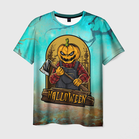Мужская футболка 3D с принтом Хэллоуин   тыква с топором в Курске, 100% полиэфир | прямой крой, круглый вырез горловины, длина до линии бедер | 