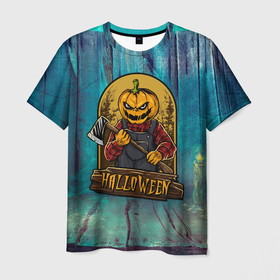 Мужская футболка 3D с принтом Тыква с топором   хэллоуин в Курске, 100% полиэфир | прямой крой, круглый вырез горловины, длина до линии бедер | 