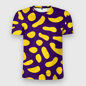 Мужская футболка 3D Slim с принтом Желтые пятна на фиолетовом фоне в Кировске, 100% полиэстер с улучшенными характеристиками | приталенный силуэт, круглая горловина, широкие плечи, сужается к линии бедра | 