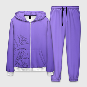 Мужской костюм 3D с принтом Красивый фиолетовый градиент с цветами в Санкт-Петербурге, 100% полиэстер | Манжеты и пояс оформлены тканевой резинкой, двухслойный капюшон со шнурком для регулировки, карманы спереди | 