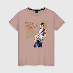 Женская футболка хлопок с принтом Девушка с гитарой акварель в Курске, 100% хлопок | прямой крой, круглый вырез горловины, длина до линии бедер, слегка спущенное плечо | 