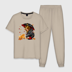 Мужская пижама хлопок с принтом Девочка с котёнком в Тюмени, 100% хлопок | брюки и футболка прямого кроя, без карманов, на брюках мягкая резинка на поясе и по низу штанин
 | 