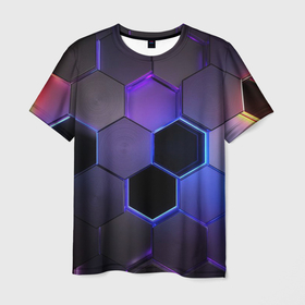 Мужская футболка 3D с принтом Стеклянные цветные соты   текстура в Белгороде, 100% полиэфир | прямой крой, круглый вырез горловины, длина до линии бедер | 