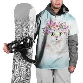 Накидка на куртку 3D с принтом Акварельный портрет белого котика в цветах в Петрозаводске, 100% полиэстер |  | Тематика изображения на принте: 