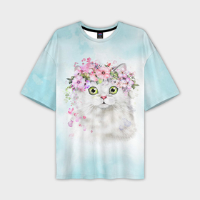 Мужская футболка OVERSIZE 3D с принтом Акварельный портрет белого котика в цветах в Курске,  |  | 