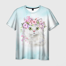 Мужская футболка 3D с принтом Акварельный портрет белого котика в цветах в Петрозаводске, 100% полиэфир | прямой крой, круглый вырез горловины, длина до линии бедер | 