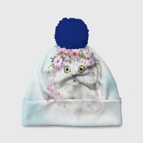 Шапка 3D c помпоном с принтом Акварельный портрет белого котика в цветах в Курске, 100% полиэстер | универсальный размер, печать по всей поверхности изделия | 