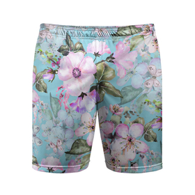 Мужские шорты спортивные с принтом Яблоня в цвету акварель ,  |  | Тематика изображения на принте: 