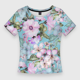 Женская футболка 3D Slim с принтом Яблоня в цвету акварель ,  |  | 
