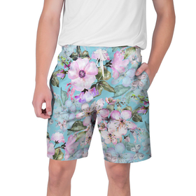 Мужские шорты 3D с принтом Яблоня в цвету акварель ,  полиэстер 100% | прямой крой, два кармана без застежек по бокам. Мягкая трикотажная резинка на поясе, внутри которой широкие завязки. Длина чуть выше колен | 
