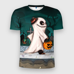 Мужская футболка 3D Slim с принтом Приведение на хэллоуин в Санкт-Петербурге, 100% полиэстер с улучшенными характеристиками | приталенный силуэт, круглая горловина, широкие плечи, сужается к линии бедра | 