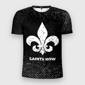 Мужская футболка 3D Slim с принтом Saints Row с потертостями на темном фоне в Курске, 100% полиэстер с улучшенными характеристиками | приталенный силуэт, круглая горловина, широкие плечи, сужается к линии бедра | Тематика изображения на принте: 