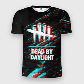 Мужская футболка 3D Slim с принтом Dead by Daylight в стиле glitch и баги графики на темном фоне в Белгороде, 100% полиэстер с улучшенными характеристиками | приталенный силуэт, круглая горловина, широкие плечи, сужается к линии бедра | 