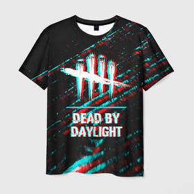 Мужская футболка 3D с принтом Dead by Daylight в стиле glitch и баги графики на темном фоне в Белгороде, 100% полиэфир | прямой крой, круглый вырез горловины, длина до линии бедер | 