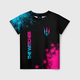 Детская футболка 3D с принтом The Witcher   neon gradient: надпись, символ в Санкт-Петербурге, 100% гипоаллергенный полиэфир | прямой крой, круглый вырез горловины, длина до линии бедер, чуть спущенное плечо, ткань немного тянется | 