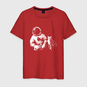 Мужская футболка хлопок с принтом Космонавт с котом в Петрозаводске, 100% хлопок | прямой крой, круглый вырез горловины, длина до линии бедер, слегка спущенное плечо. | 