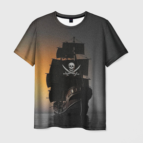 Мужская футболка 3D с принтом Пиратский фрегат в Тюмени, 100% полиэфир | прямой крой, круглый вырез горловины, длина до линии бедер | 