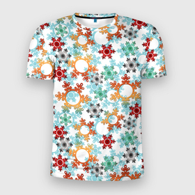 Мужская футболка 3D Slim с принтом Новогодний декор бумажные разноцветные снежинки в Белгороде, 100% полиэстер с улучшенными характеристиками | приталенный силуэт, круглая горловина, широкие плечи, сужается к линии бедра | Тематика изображения на принте: 