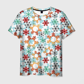 Мужская футболка 3D с принтом Новогодний декор бумажные разноцветные снежинки в Белгороде, 100% полиэфир | прямой крой, круглый вырез горловины, длина до линии бедер | Тематика изображения на принте: 
