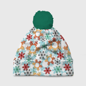 Шапка 3D c помпоном с принтом Новогодний декор бумажные разноцветные снежинки в Белгороде, 100% полиэстер | универсальный размер, печать по всей поверхности изделия | Тематика изображения на принте: 