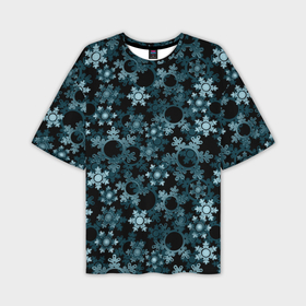 Мужская футболка OVERSIZE 3D с принтом Новогодний рождественский темно синий узор со снежинками ,  |  | 