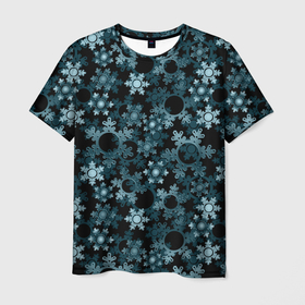 Мужская футболка 3D с принтом Новогодний рождественский темно синий узор со снежинками , 100% полиэфир | прямой крой, круглый вырез горловины, длина до линии бедер | Тематика изображения на принте: 