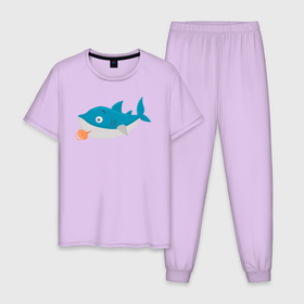Мужская пижама хлопок с принтом Маленькая милая акула в Новосибирске, 100% хлопок | брюки и футболка прямого кроя, без карманов, на брюках мягкая резинка на поясе и по низу штанин
 | Тематика изображения на принте: 